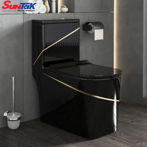 Bồn Cầu 1 Khối Đen Viền Vàng Nút Xả Lệch - Suntak.vn