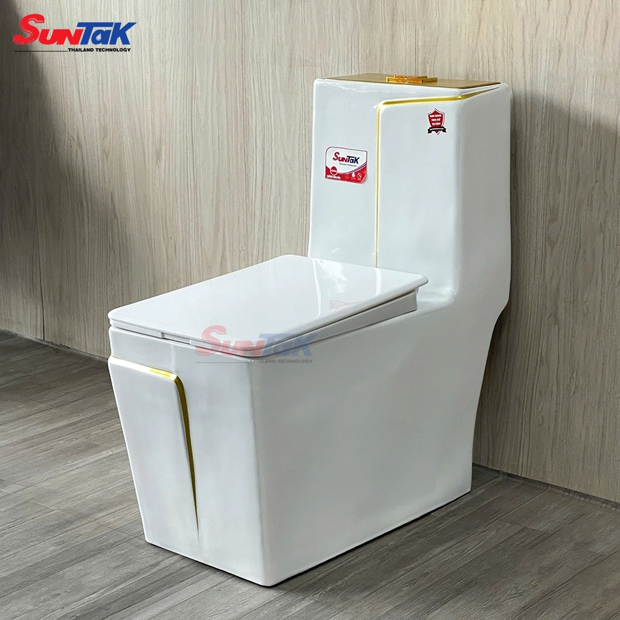 Bồn Cầu 1 Khối Trắng Viền Vàng Vuông ST-915 - Bồn Cầu 1 Khối Trắng Viền Vàng Vuông ST-915 - Suntak.vn