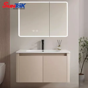 Tủ Lavabo Nhà Tắm Nhôm Màu Kem Gương LED 2 Chế Độ - Suntak.vn